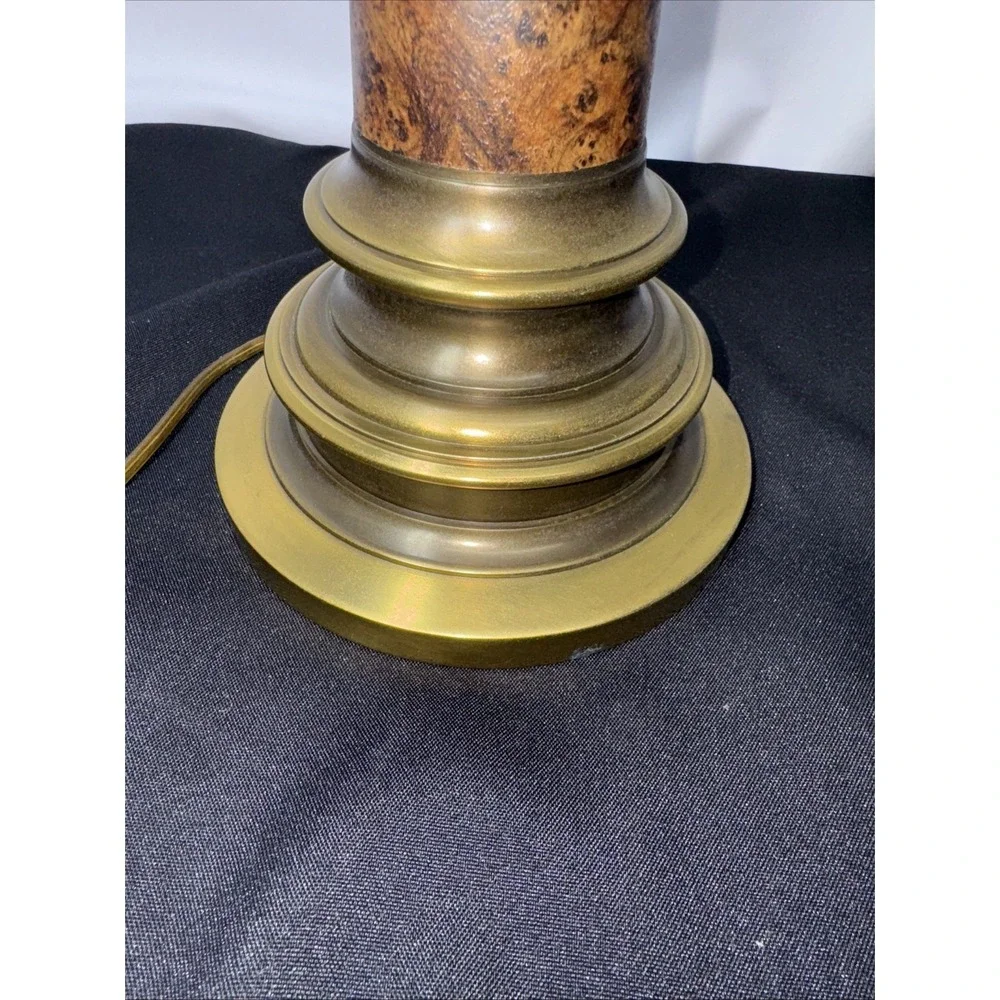 Vintage Solid Brass Table Lamp Pair Hollywood Regency Faux‎ Wood Accent Lighting